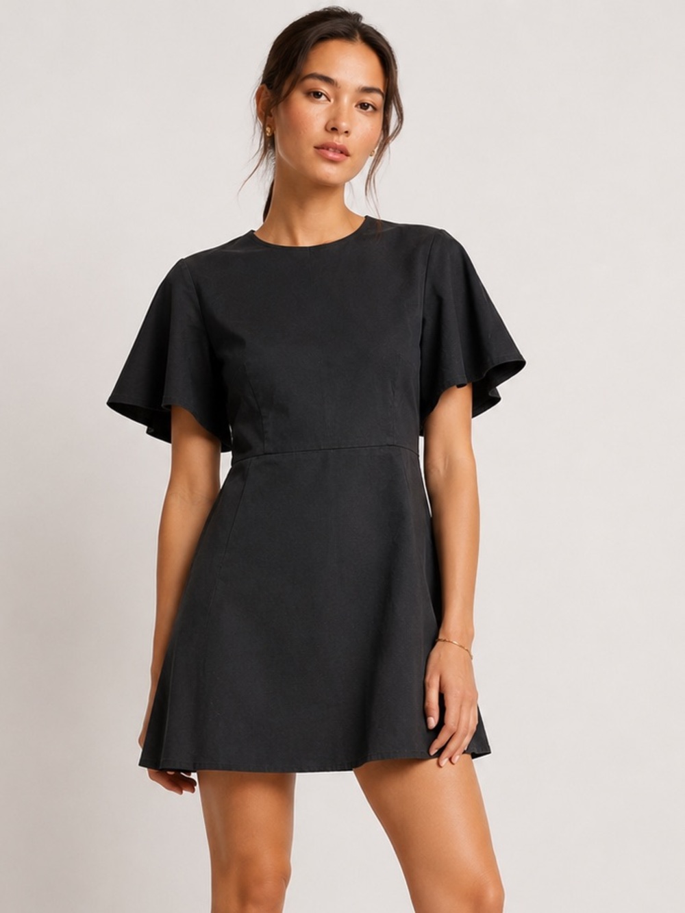 Meg L Flutter Sleeve Mini Dress Designer Eco City Stretchy Comfy Architectural